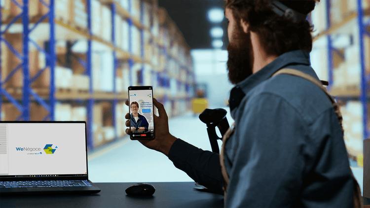 Homme dans un entrepôt, à son bureau, qui tient son téléphone pour regarder la vidéo sur la réception des factures électronique. On voit le logiciel WeNégoce ouvert sur l'ordinateur portable posé sur le bureau.